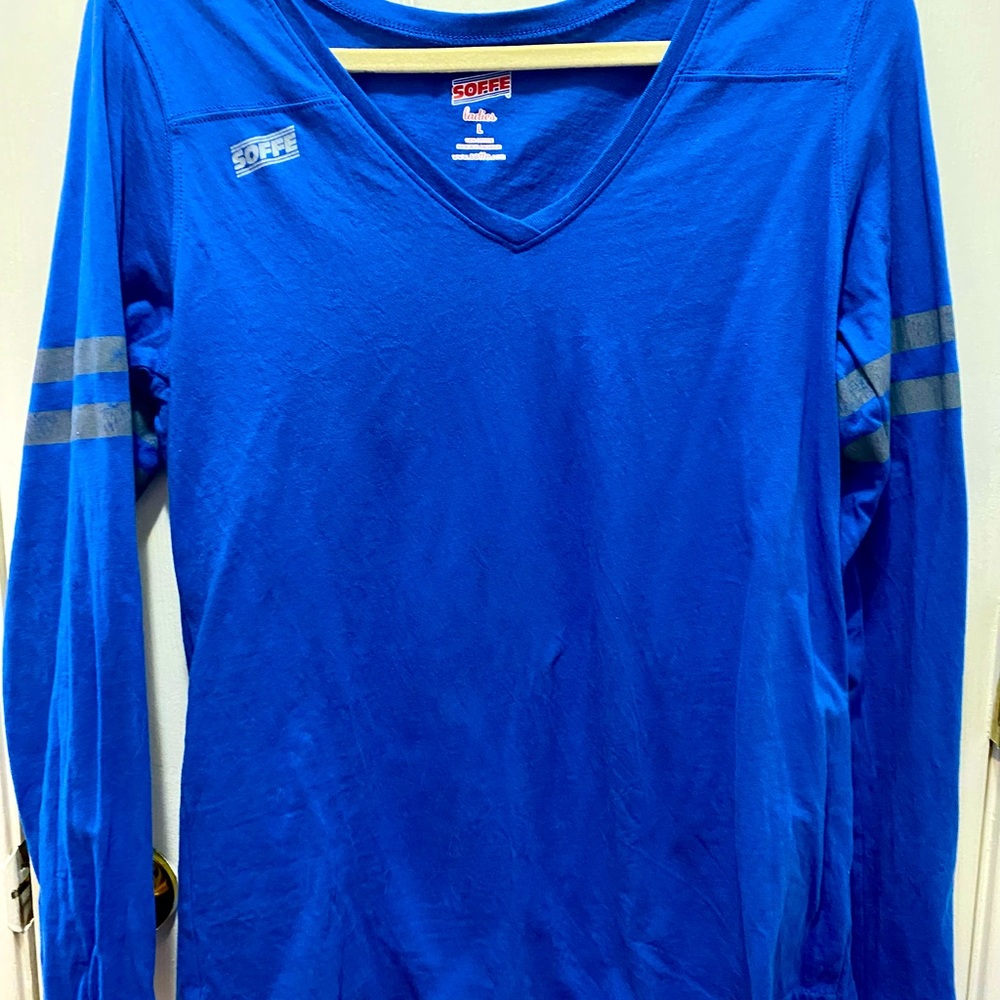 Womens Soffe large V neck long sleeve royal blue & gray top